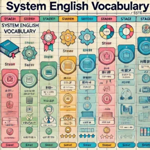 システム英単語のステージごとに色分けされた表、または学習の進捗状況を示すチェックリスト風のイメージ。各ステージが視覚的に分かりやすく表現されている。